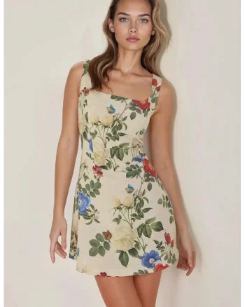 Rochie mini,  floral, decolteu patrat, multicolor, textil