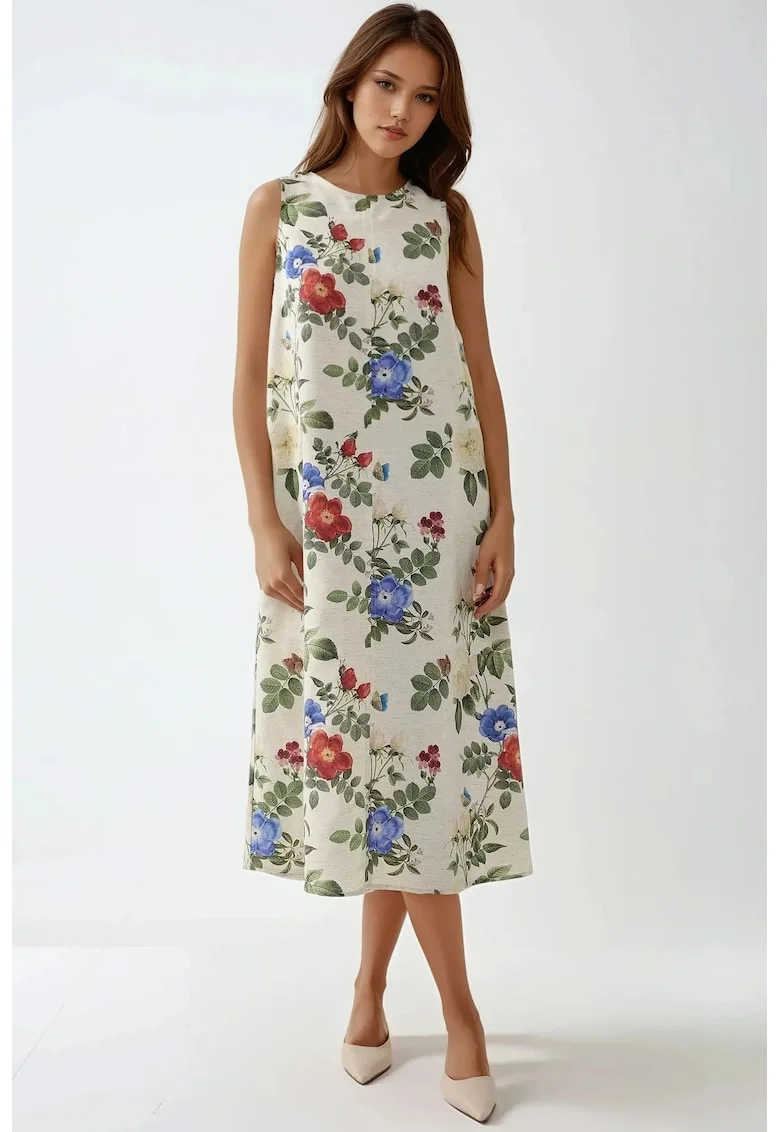 Rochie midi  fara maneci, multicolor, din bumbac si in