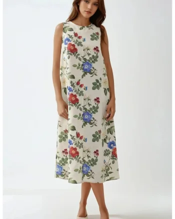 Rochie midi  fara maneci, multicolor, din bumbac si in