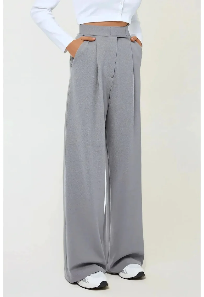 Pantaloni dama,  Palazzo, textil, talie inalta, picioare largi, gri, crep elastic