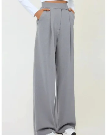 Pantaloni dama,  Palazzo, textil, talie inalta, picioare largi, gri, crep elastic