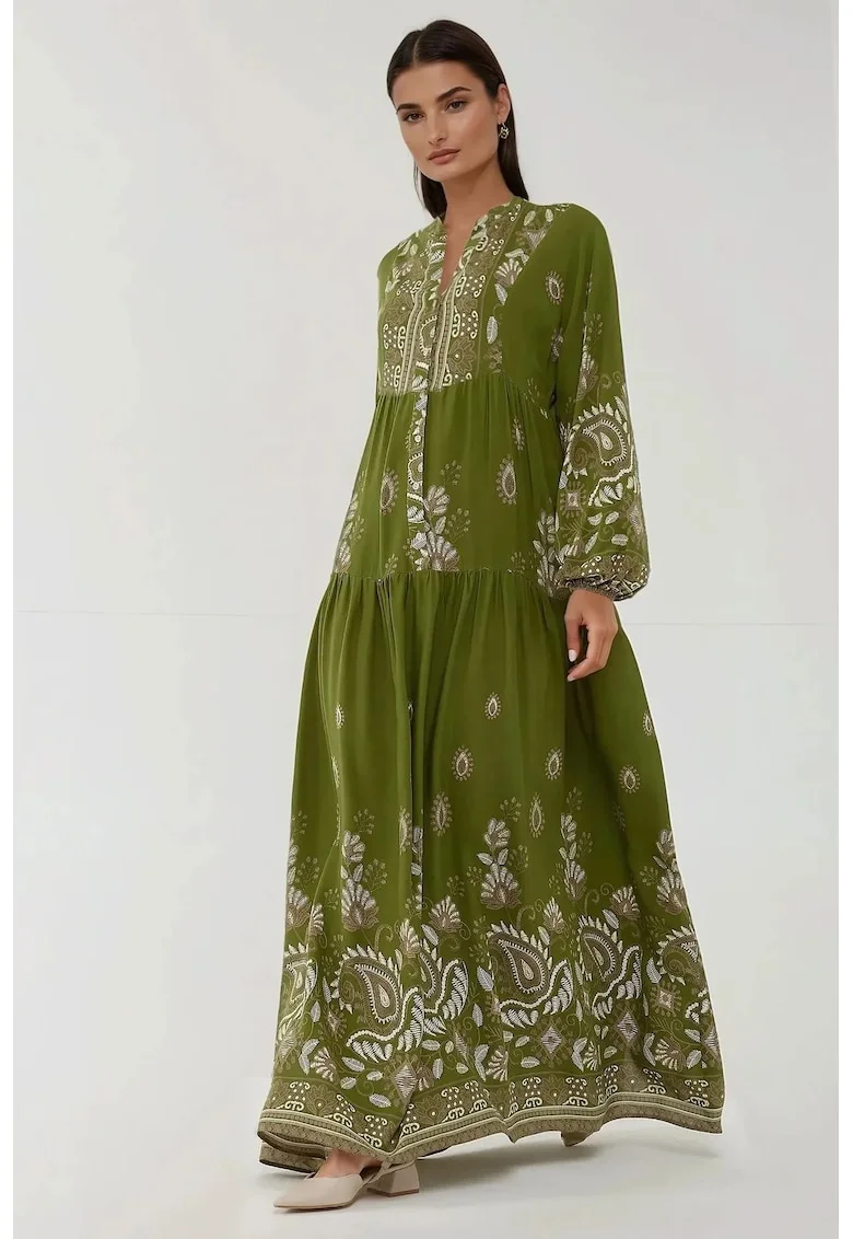 Rochie maxi,  verde/alb, viscoza