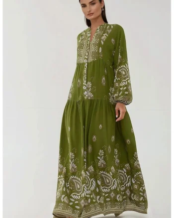 Rochie maxi,  verde/alb, viscoza