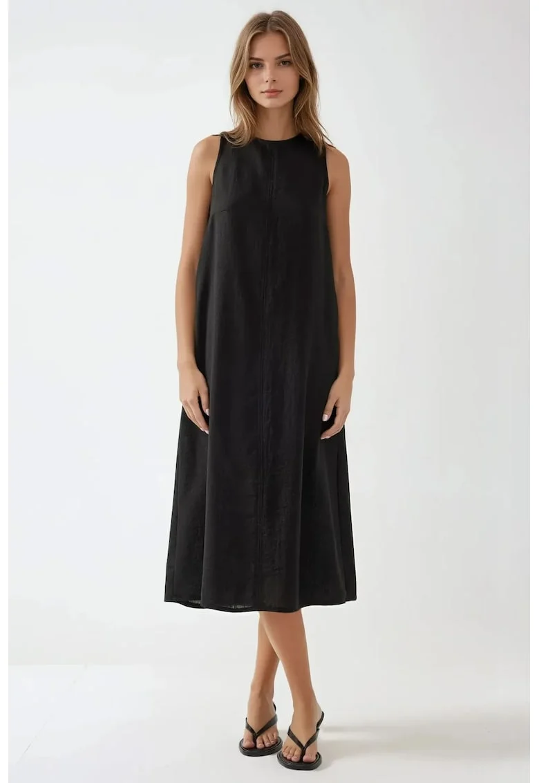 Rochie midi,  fara maneci, guler rotund, neagra, din bumbac amestecat cu in