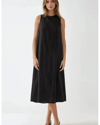 Rochie midi,  fara maneci, guler rotund, neagra, din bumbac amestecat cu in