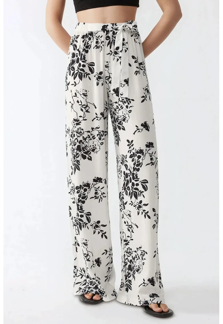 Pantaloni dama,  cu imprimeu, talie elastica, multicolor, textil
