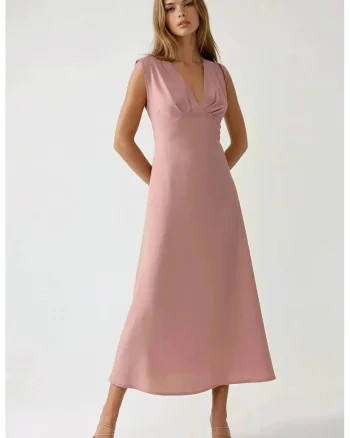 Rochie midi  moale la atingere, decolteu, roz