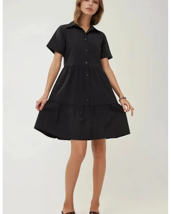 Rochie mini,  guler camasa, nasturi, negru, in