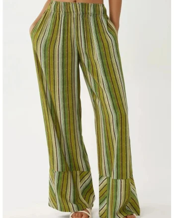 Pantaloni pentru dama,  largi, cu imprimeu, textil, verde