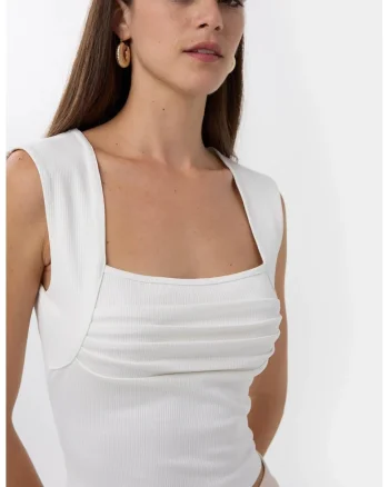 Bluza dama,  decolteu patrat, pliuri, alb, poliester