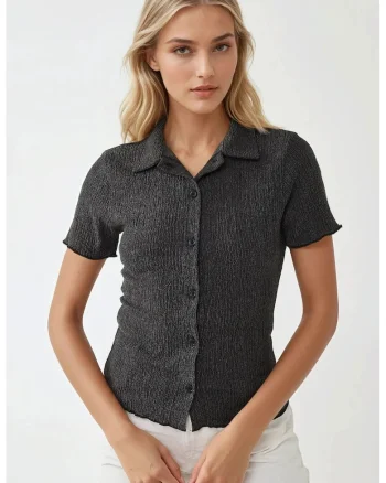 Bluza dama  texturata, maneca scurta, guler camasa, gri, jerseu
