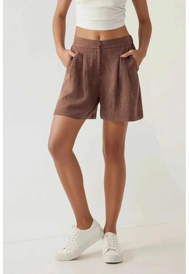 Pantaloni scurti dama  talie inalta, plisati, Lyocell/poliester, maro