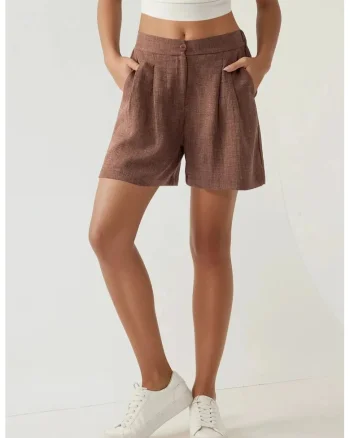 Pantaloni scurti dama  talie inalta, plisati, Lyocell/poliester, maro