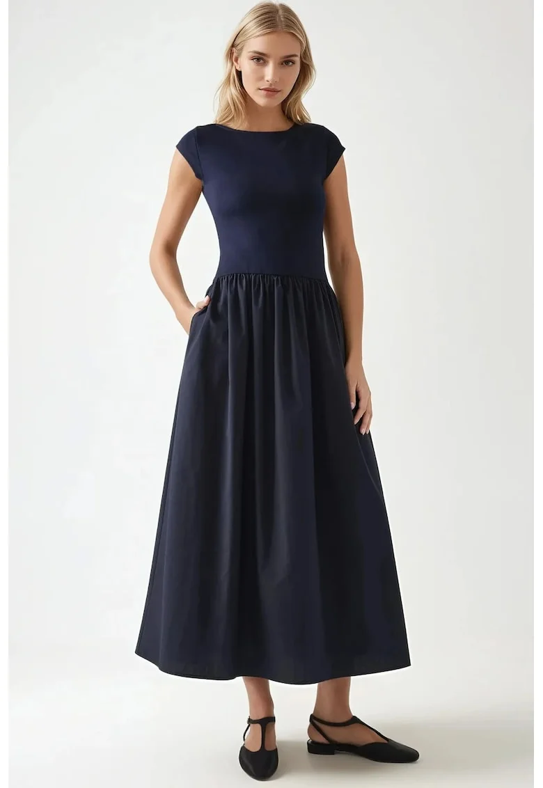 Rochie midi,  albastru, material usor, design elegant