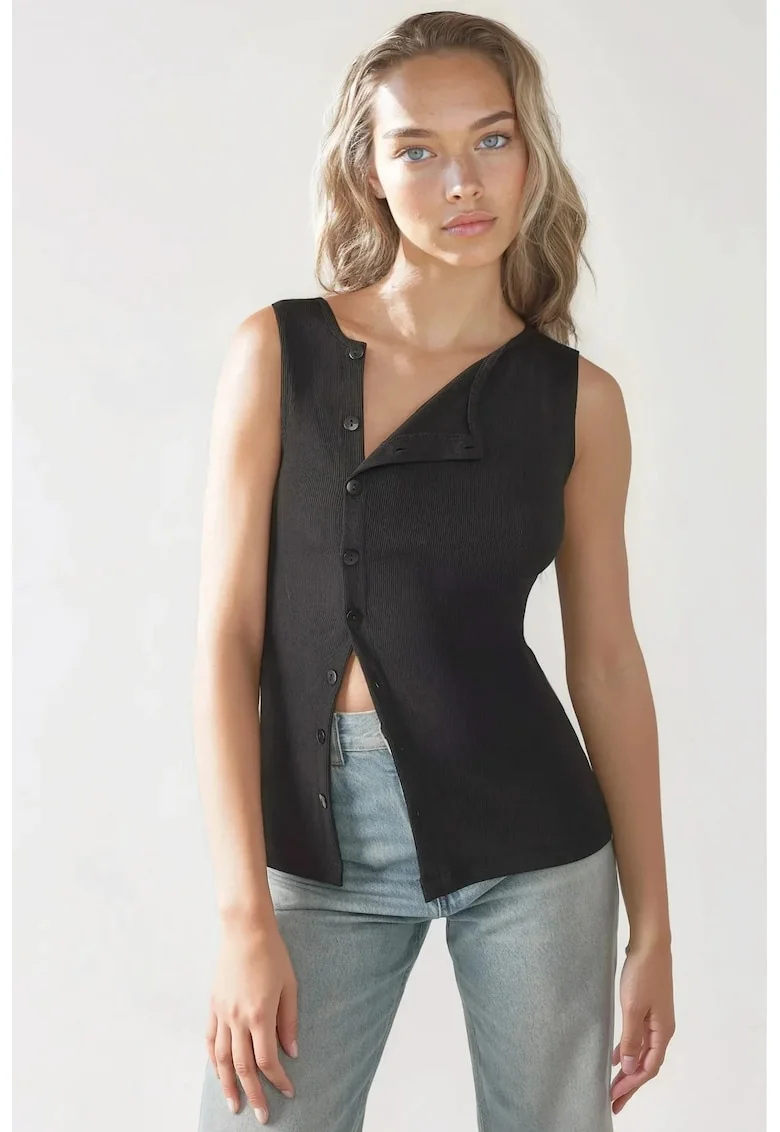 Top dama,  texturat, slim fit, negru, jerseu