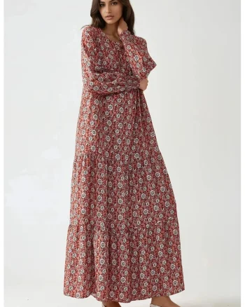 Rochie maxi  imprimeu, guler rotund, rosu, viscoza