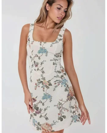 Rochie mini  floral, decolteu patrat, alb, textil