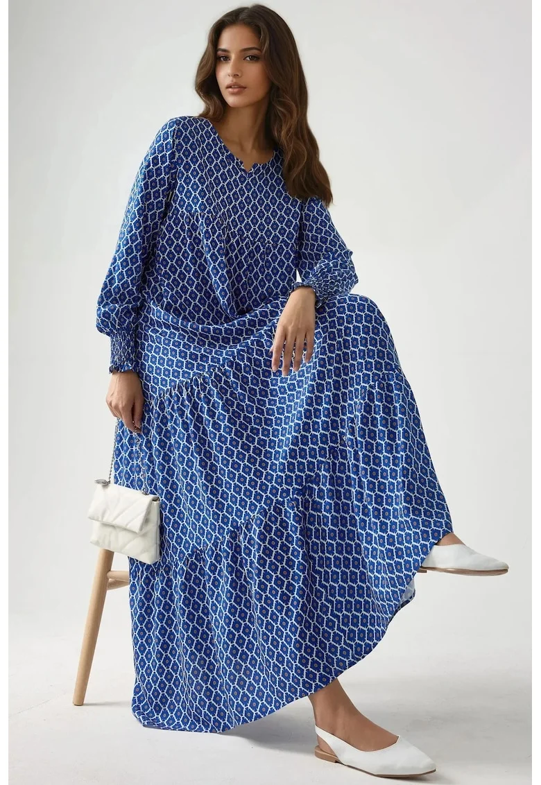 Rochie maxi  imprimeu, albastra, viscoza
