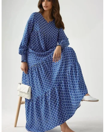 Rochie maxi  imprimeu, albastra, viscoza