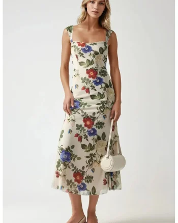 Rochie maxi,  imprimeu, guler inima, bej, tul