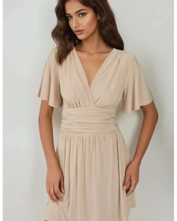 Rochie mini  decolteu in V, maneci scurte, bej, jerseu