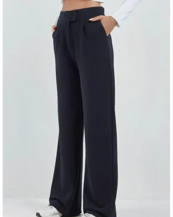 Pantaloni pentru dama,  Palazzo, talie inalta, textil, bleumarin
