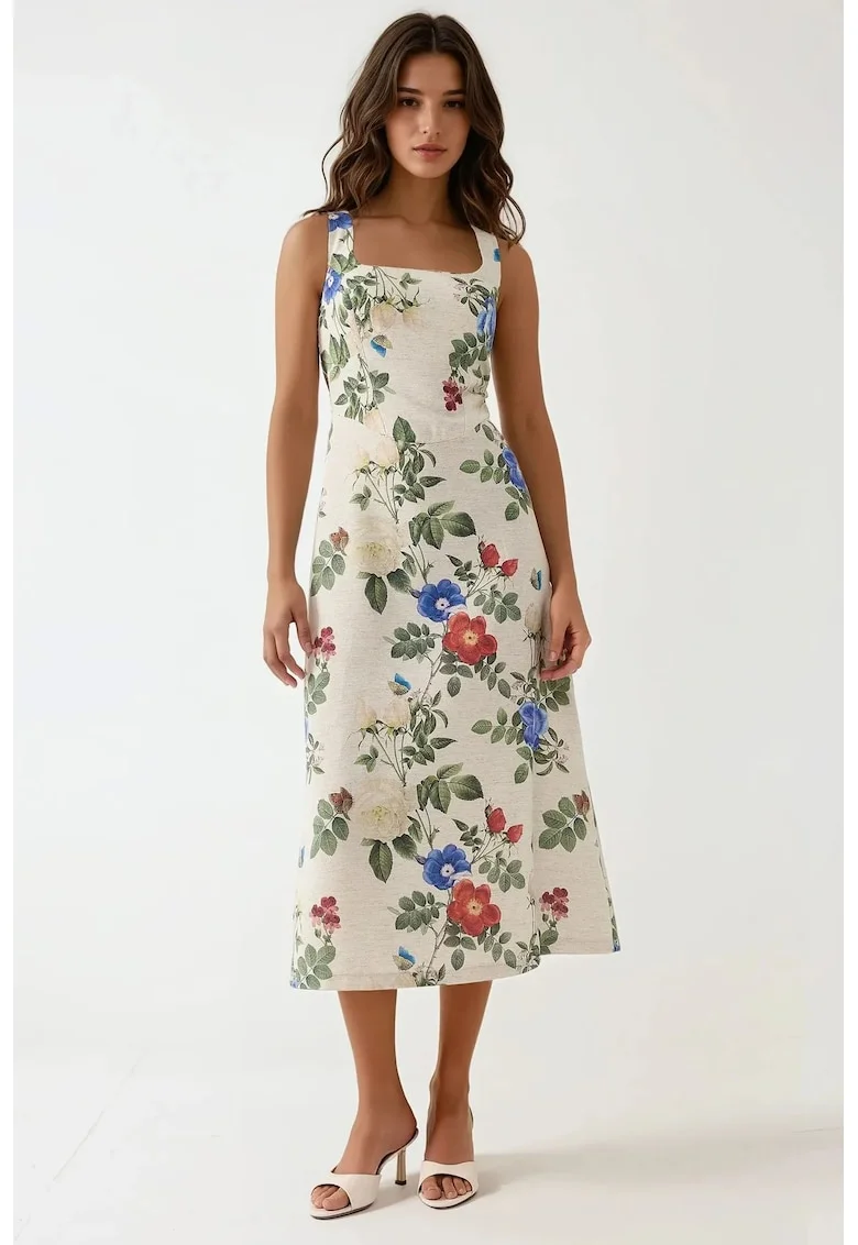 Rochie maxi,  imprimeu floral, multicolor, material textil
