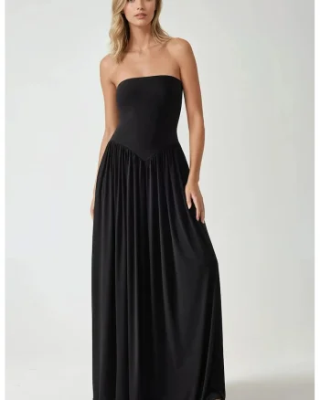 Rochie maxi  fara bretele, neagra, jerseu, cu buzunare ascunse