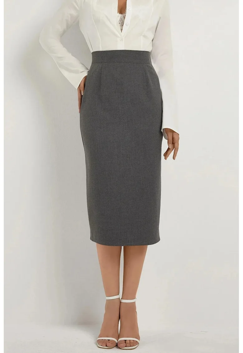 Fusta midi dama,  talie inalta, croiala dreapta, textil, gri