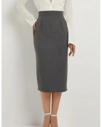 Fusta midi dama,  talie inalta, croiala dreapta, textil, gri