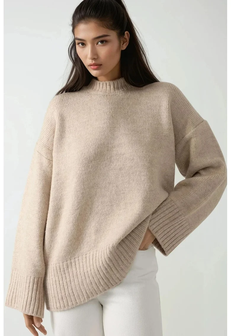 Pulover dama,  tricotat gros, guler rotund, tricot, natural,