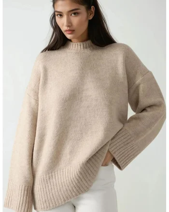 Pulover dama,  tricotat gros, guler rotund, tricot, natural,
