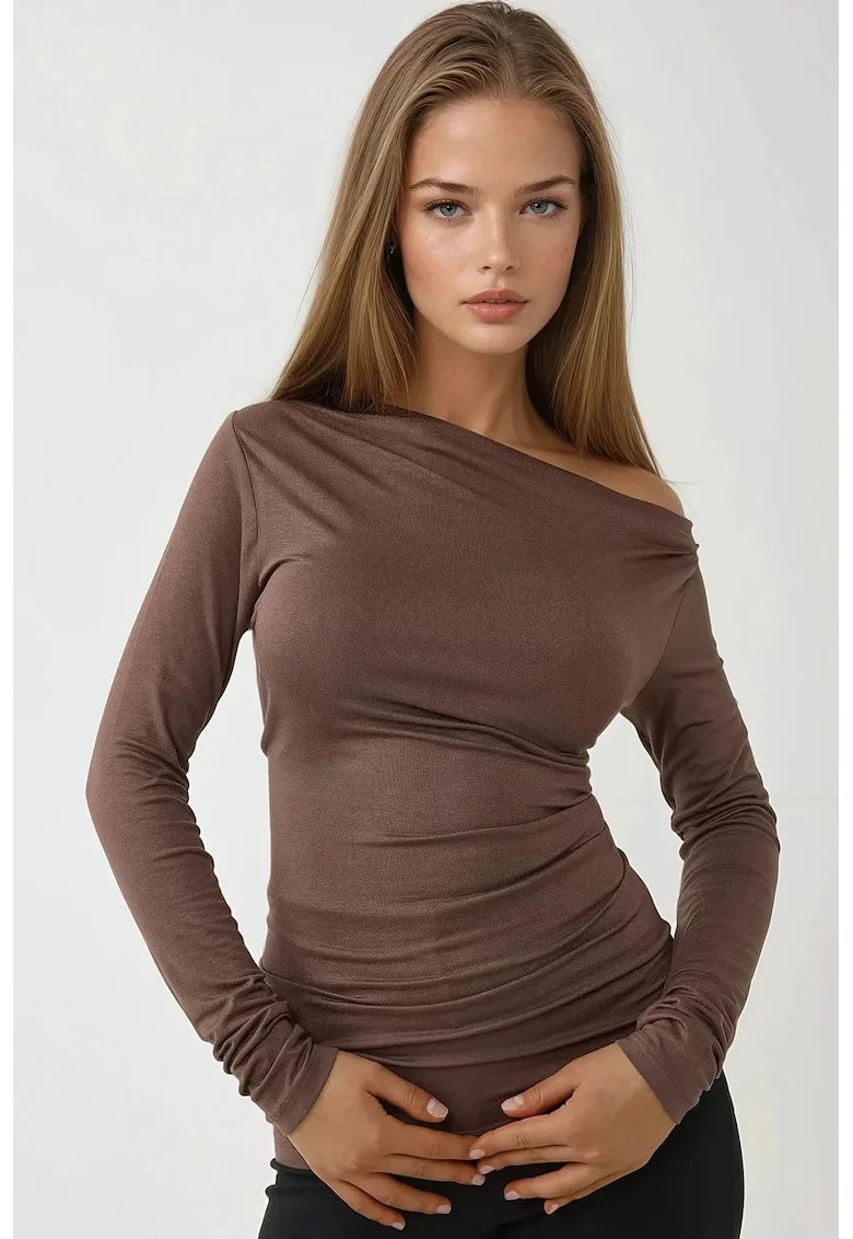 Top dama,  slim fit, guler asimetric, maneca lunga, maro, jerseu