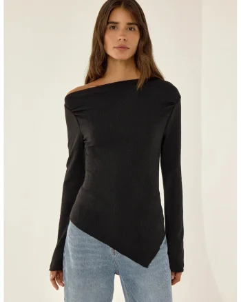 Top dama,  asimetric, cu nervuri, negru, jerseu