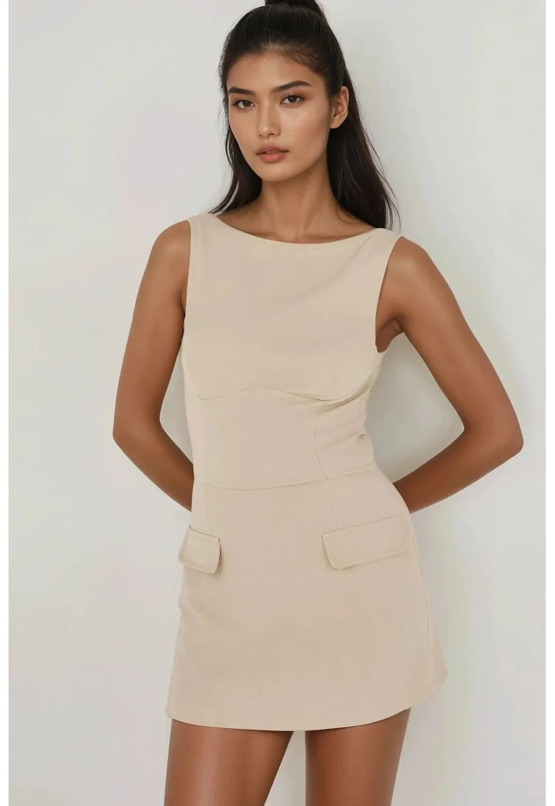 Rochie mini mulata cu pantaloni scurti,  bej, material textil