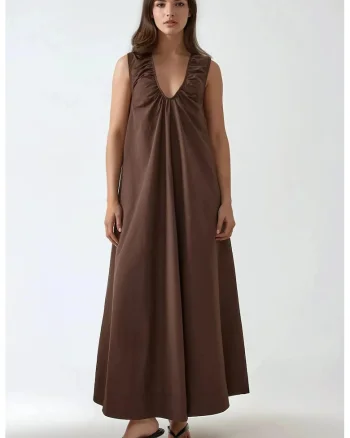 Rochie maxi,  decolteu in U, maro, textil