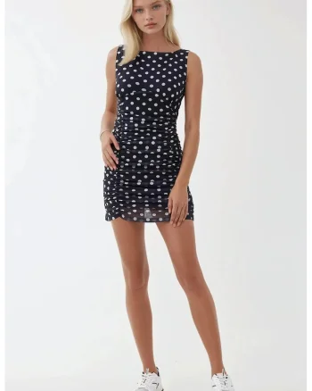 Rochie mini,  mulata, imprimeu cu buline, albastru, tul