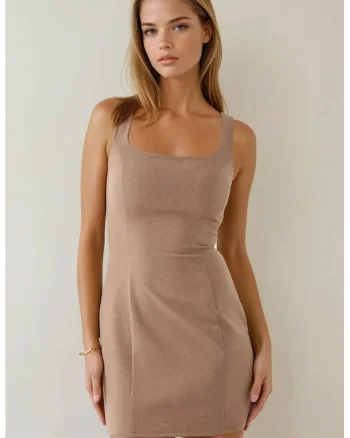 Rochie mini,  mulata, decolteu patrat, bej, jerseu