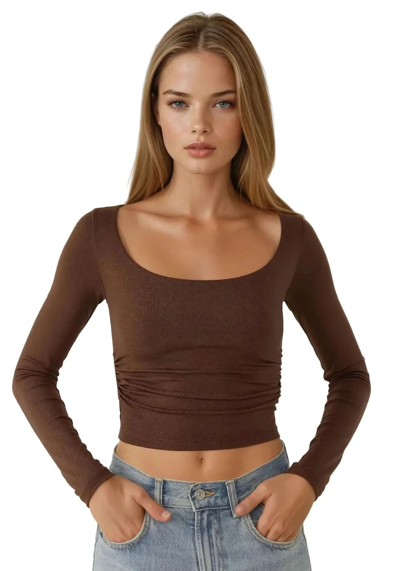 Bluza dama,  slim fit, guler rotund, scurta, maro, viscoza