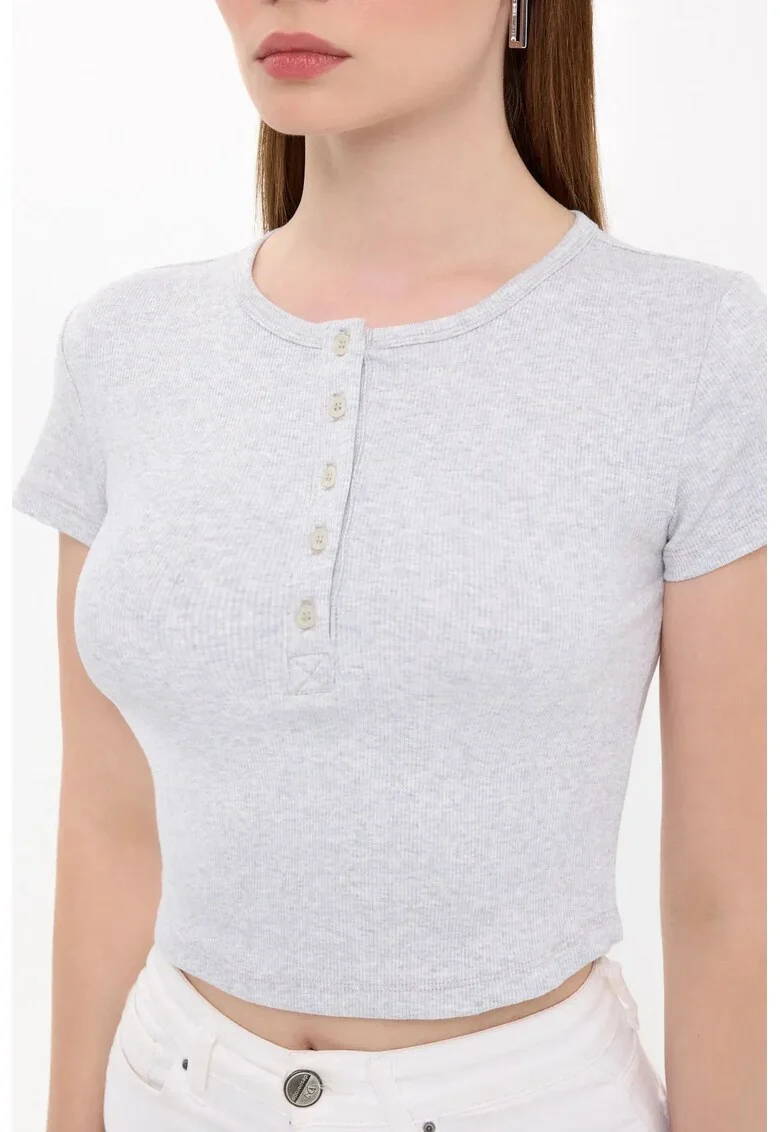 Tricou dama,  maneca scurta, guler rotund, gri, bumbac