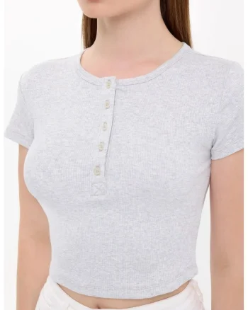 Tricou dama,  maneca scurta, guler rotund, gri, bumbac