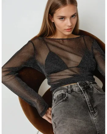 Bluza transparenta cu maneci lungi  slim fit, neagra, Negru