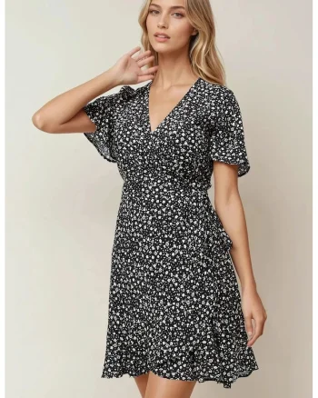 Rochie mini,  decolteu in V, negru, jerseu
