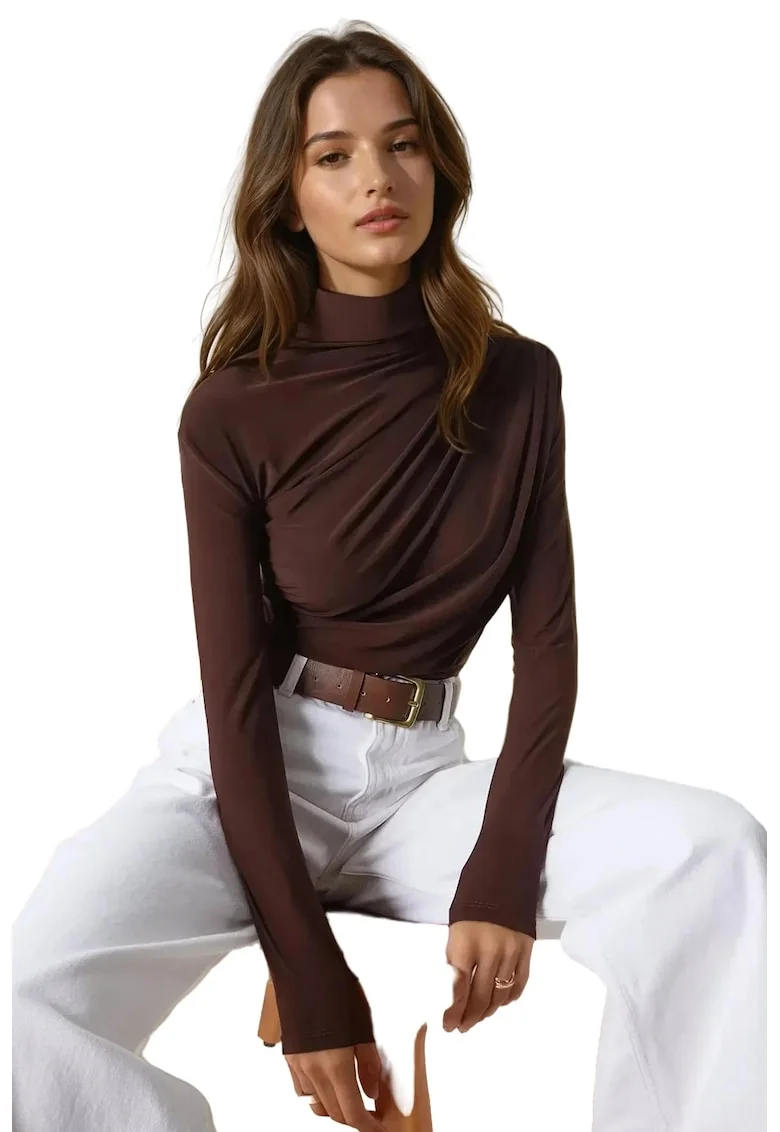 Bluza dama,  guler inalt, detaliu drapat, maro, poliester