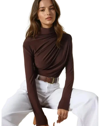 Bluza dama,  guler inalt, detaliu drapat, maro, poliester