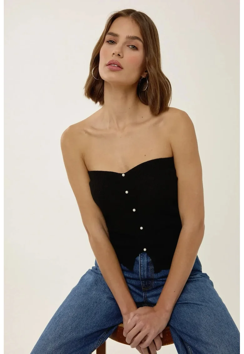 Top tricotat fara bretele,  slim fit, negru, acril