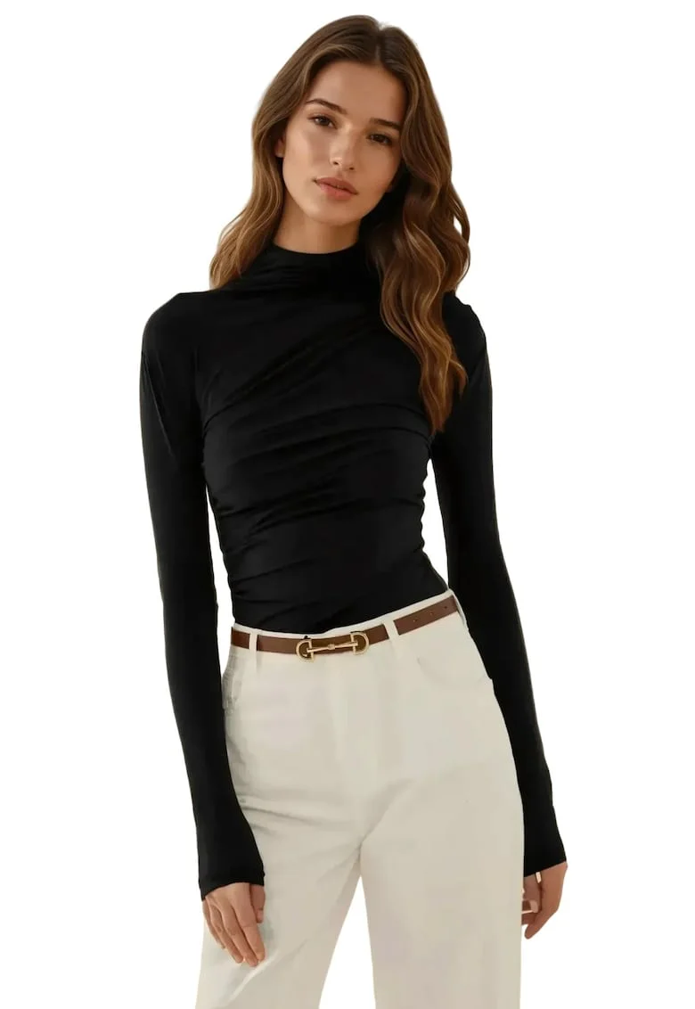 Bluza dama,  guler inalt, detaliu drapat, negru, poliester