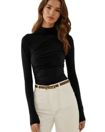 Bluza dama,  guler inalt, detaliu drapat, negru, poliester