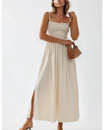 Rochie maxi,  forma de A, decolteu patrat, bej, textil