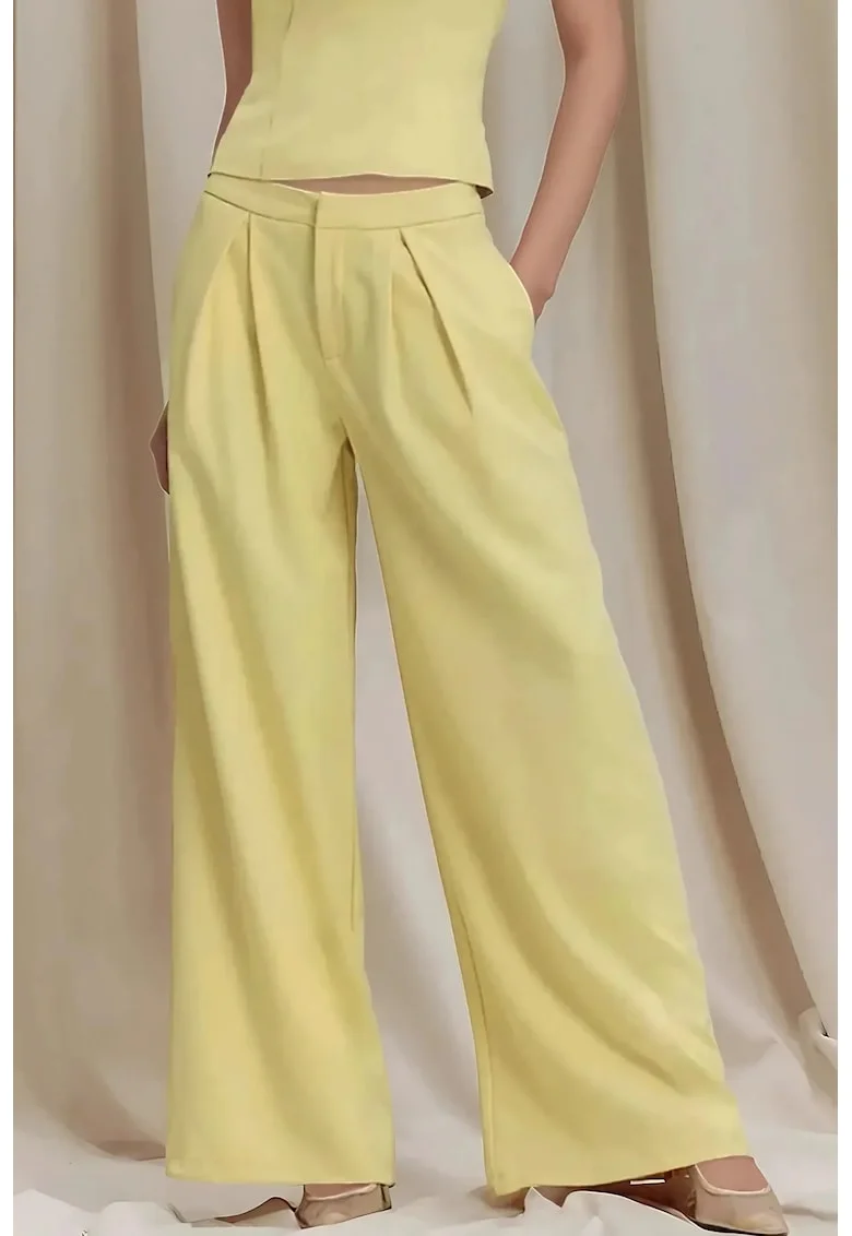 Pantaloni dama,  plisati, croi larg, galben, textil